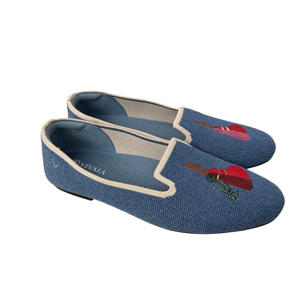 Vivaia Shoes Womens Size 6.5 Audrey Knit Flats Blue Tassel Embroidered 37